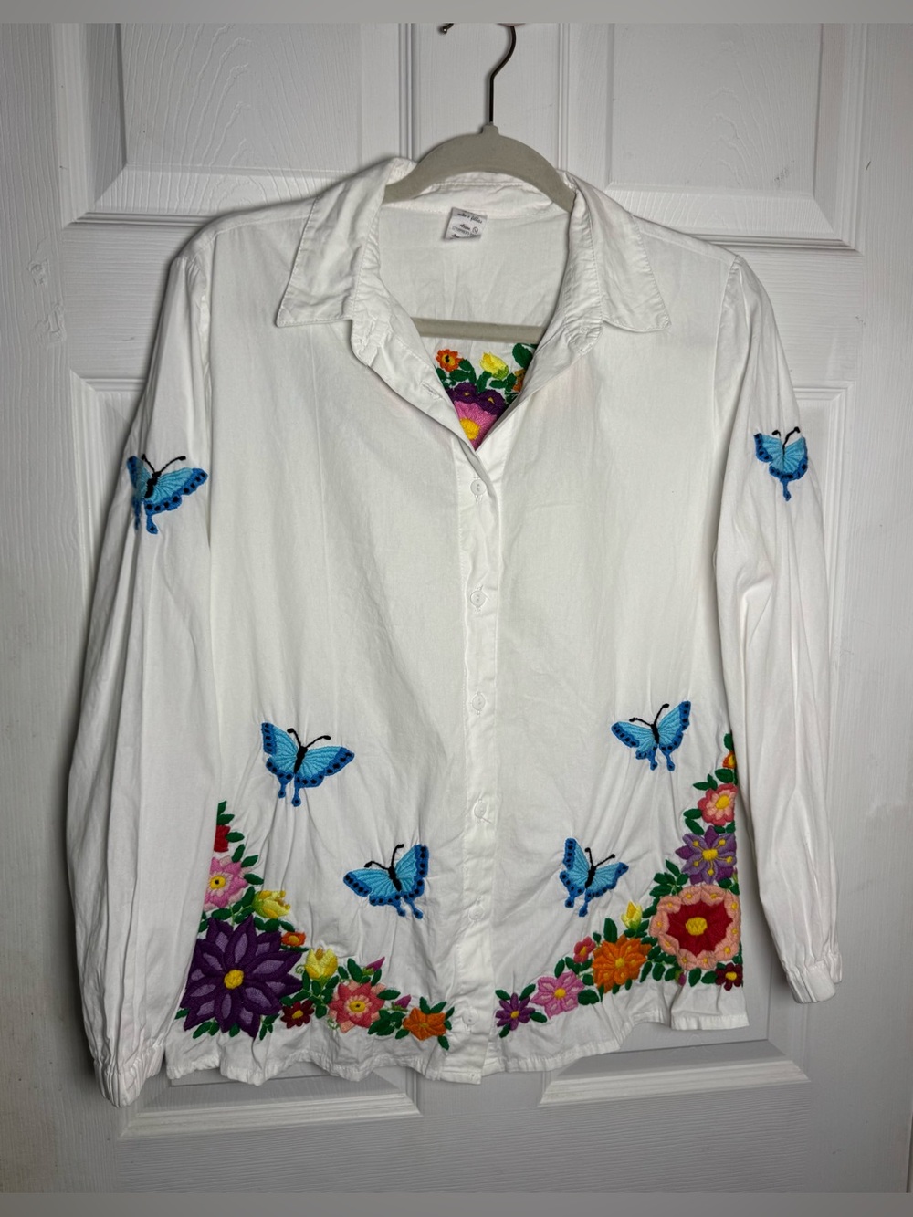 VTG De Ouro Preto Embroidered Butterfly Floral White Button Up Blouse Top Boho
